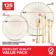 125 Pack Ivory and Gold Scalloped Plastic Dinnerware Set by Stock Your Home – 125 Piece, Plastic, Gold, Pack of 125, Model SYH-4405-QV-5CT