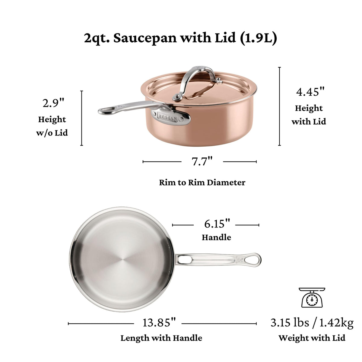CopperBond® Aura™ 2-Quart Professional Copper Saucepan with Lid by Hestan – 2 Quarts, Copper, Model 31835