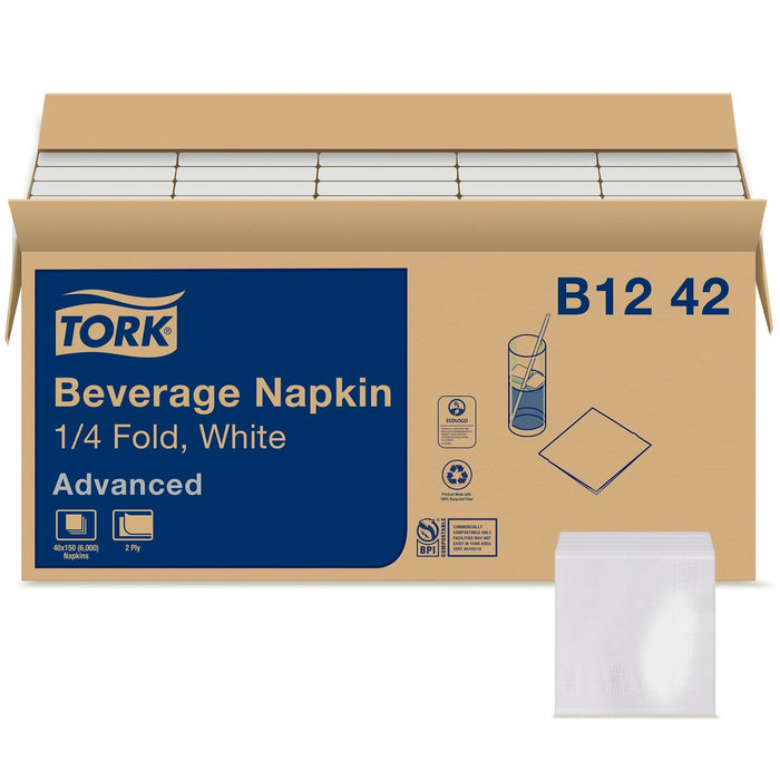 Tork White Soft Beverage Napkin, 1/4 Fold 2-ply, 40 x 150, B1242