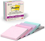Post-it 100% Recycled Paper Super Sticky Notes, 2X The Sticking Power, 3x3 in, 5 Pads, 70 Sheets/Pad, Wanderlust Pastels Collection (Pack of 24)
