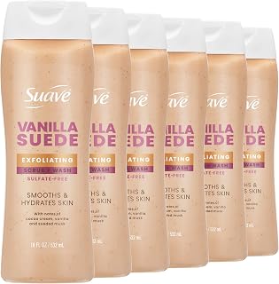 Suave Vanilla Suede Exfoliating Body Wash & Scrub with Glycerin & Vitamin E, Sulfate-Free Hydrating Cleanser for Soft, Smooth Skin, 6 Count, 18 FL OZ