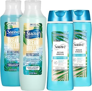 Suave Body Wash 2-Pack + Refreshing Shampoo and Conditioner, Ocean Breeze – Gentle Cleansing and Hair Care Set with Vitamin E, Cruelty Free (4 Piece Set)