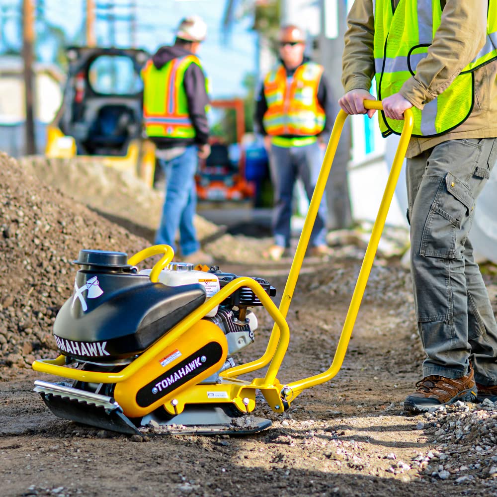 5.5 HP Honda Engine Forward Plate Compactor Walk Behind Vibratory Dirt Asphalt Soil Plate Compactor (Compactor + Wheels + Pad) by Tomahawk Power – Model TPC90H + TPC90H-WHEELS +