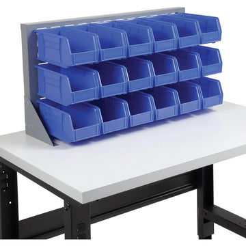 Louvered Bench Rack with (18) Blue Premium Stacking Bins by Global Industrial – 15"L x 36"W x 20"H, Alloy Steel, Gray, Model 550154BL