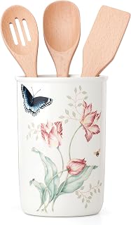 Lenox Butterfly Meadow Porcelain Utensil Holder, 4-Piece | includes 3 wooden utensils | floral design, gift for women, kitchen storage, kitchen essentials gift