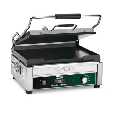 Panini Press with Timer by Waring – Compact Cooking Surface Machines, Cast Iron, Green, Model WFG250T