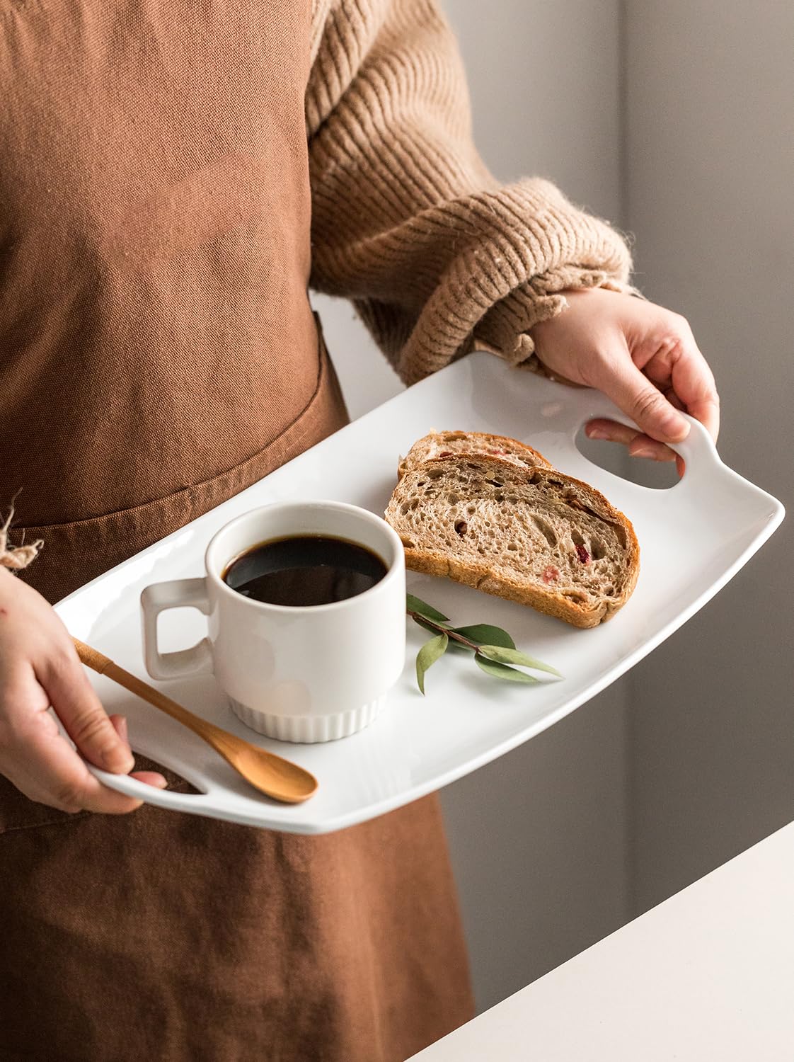 LYEOBOH Serving Platter, Melamine Rectangular Tray with Handles, White 16 Inch