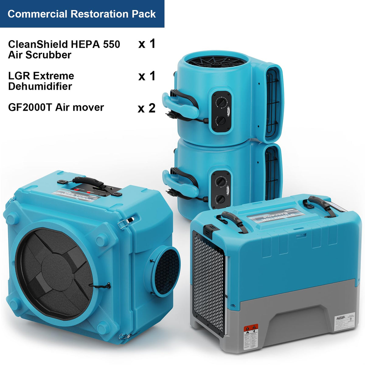 Water Damage/Flood Restore Pack with Commercial Dehumidifier by ALORAIR – teal, Pack of 4, Model Storm LGR Extreme