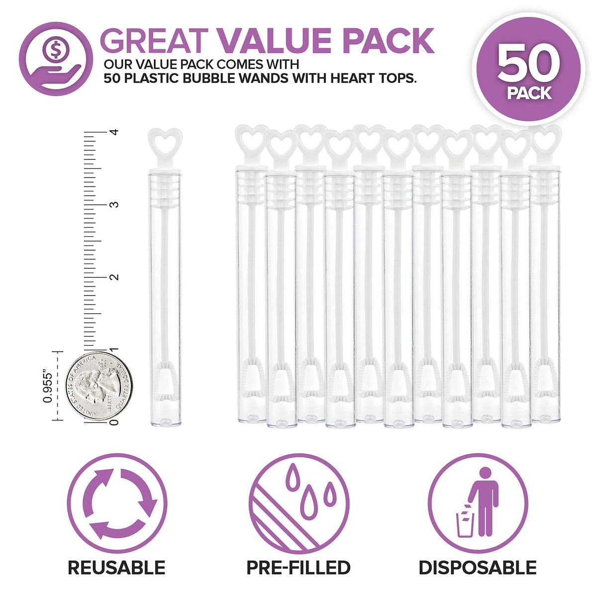 Wedding Bubbles Bulk - White Heart Top Wands (50 Count) Individual Mini Bubble Wand Favors for Weddings by Stock Your Home – 50 Pack, Plastic, White, Pack of 50, Model 4470