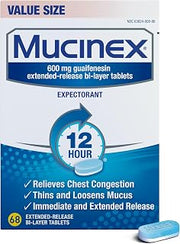 Mucinex 12 Hour 600 mg Guaifenesin Extended-Release Tablets for Excess Mucus Relief, Expectorant Aids Excess Mucus Removal, Chest Congestion Relief, 68 Bi-Layer Tablets