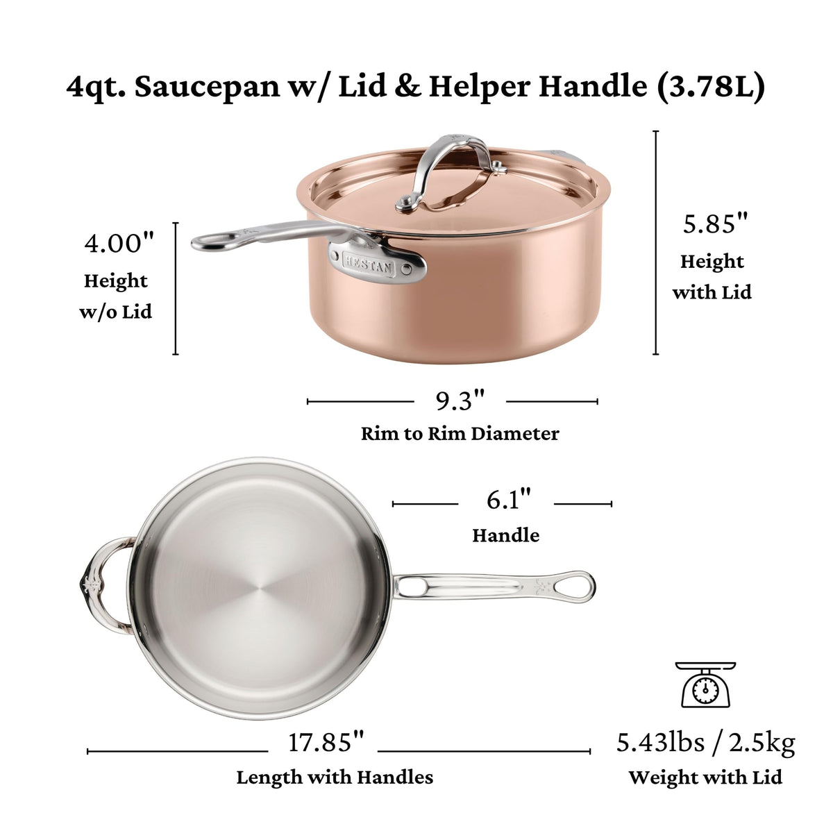 CopperBond® Aura™ 4-Quart Professional Copper Saucepan with Lid by Hestan – 4 Quarts, Copper, Model 31838