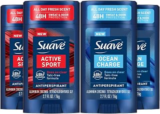 Suave Antiperspirant Deodorant for Men Variety 4-Pack – Active Sport, Bergamot & Wood + Ocean Charge, Marine & Driftwood, 48H Sweat & Odor Protection, 2.7 Oz Ea