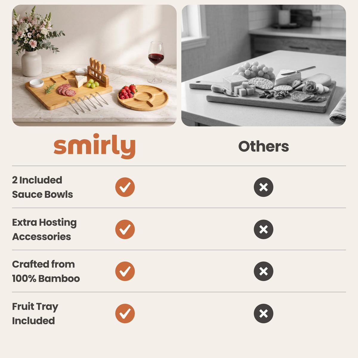 Smirly Bamboo Charcuterie Set, Large Serving Board with Knives and Bowls