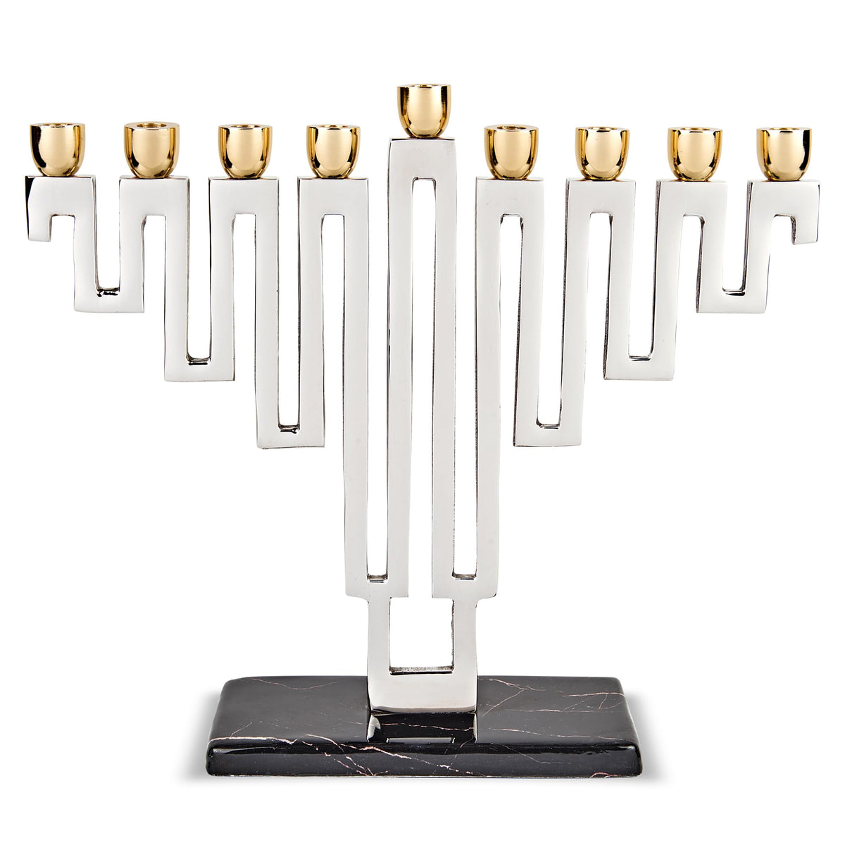 Zion Judaica Nickel Plated Maze Menorah, Silver And Gold With Marble Decal