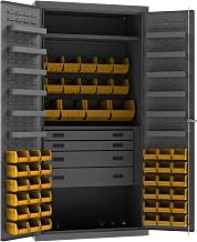 Durham 3501524RDR-95 Lockable Cabinet with 52 Yellow Hook-On Bins, 1 Adjustable Shelf, Flush Door Style, 1 Fixed Shelf, 4 Drawers, 12 Door Shelves, 36" Wide, 14 Gauge, Gray
