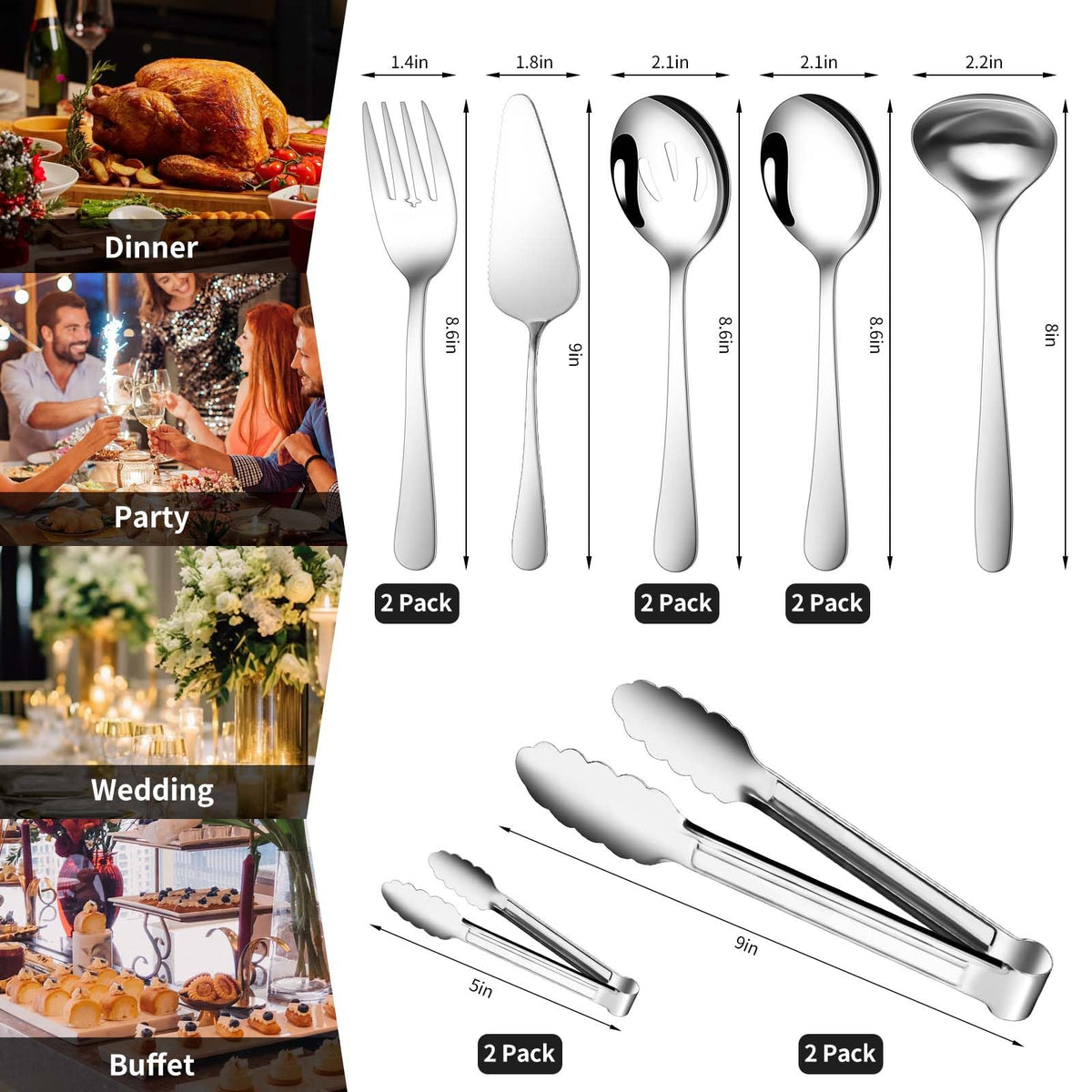 Gisly Serving Utensil Set, 12 Piece Stainless Steel, Silver