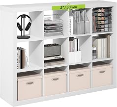 Furinno Cubicle Book Shelf, 12-Cube 2-Inch Super Thick Frame Bookshelf, Reversible Bookcase, Cube Storage Organizer with Open Back, 15.4 x 58 x 44, for Living Room, Bedroom, Home Office, White