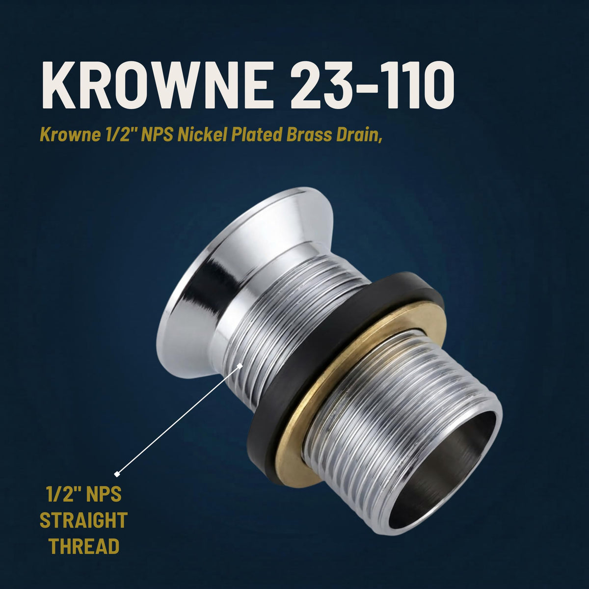 Krowne 1/2" NPS Nickel Plated Brass Drain – 4"L x 4"W x 6"H, Brass, Silver, Model 23-110
