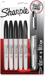 Sharpie fine tip Permanent Marker, Stainless Steel Single Marker case, fine Bullet tip, Black, 5/Pack
