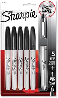 Sharpie fine tip Permanent Marker, Stainless Steel Single Marker case, fine Bullet tip, Black, 5/Pack