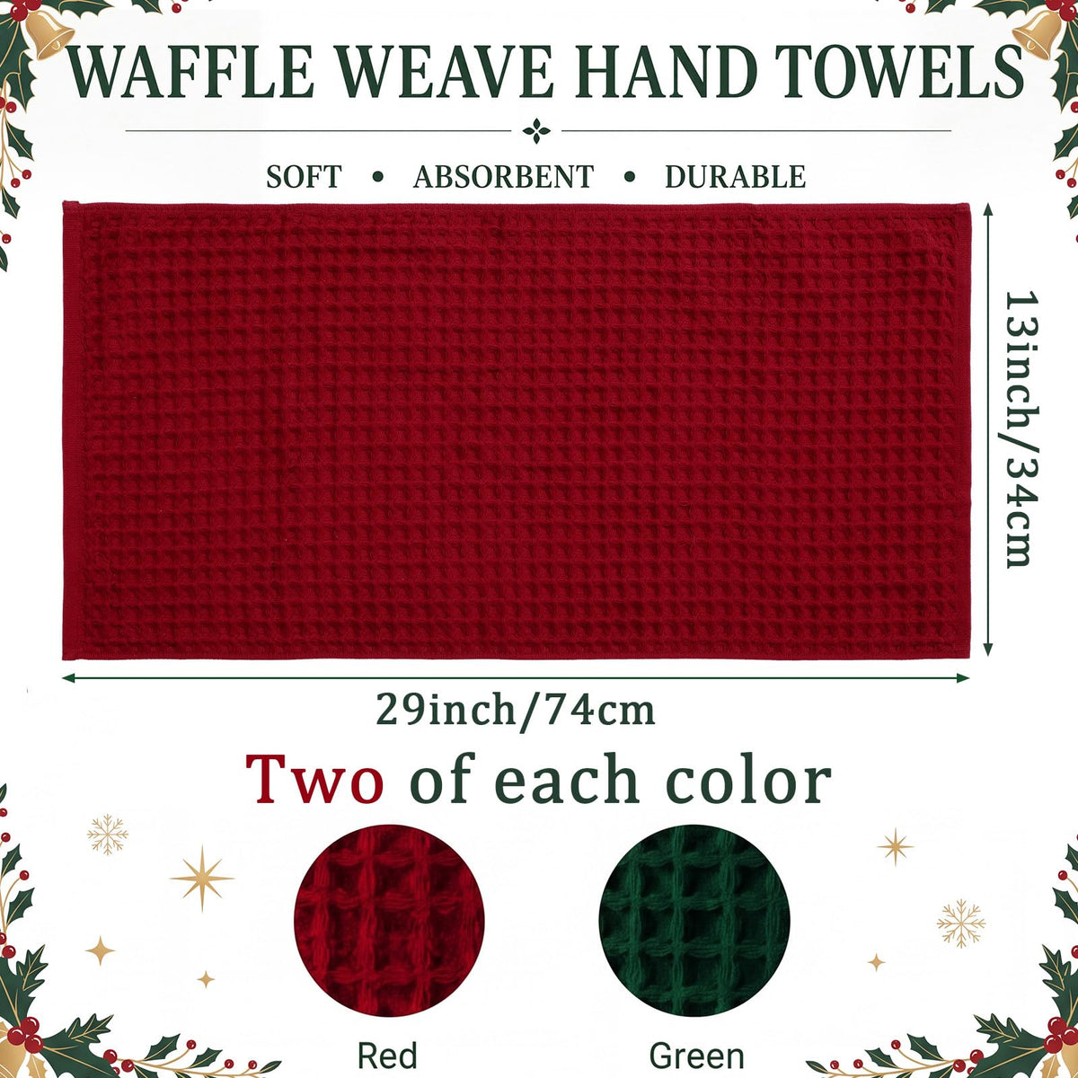 Tingjoo Waffle Weave Kitchen Towels, 4 Pack, Red Green