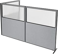 Global Industrial 60-1/4"W x 72"H Freestanding 3-Panel Corner Room Divider with Partial Window, Gray