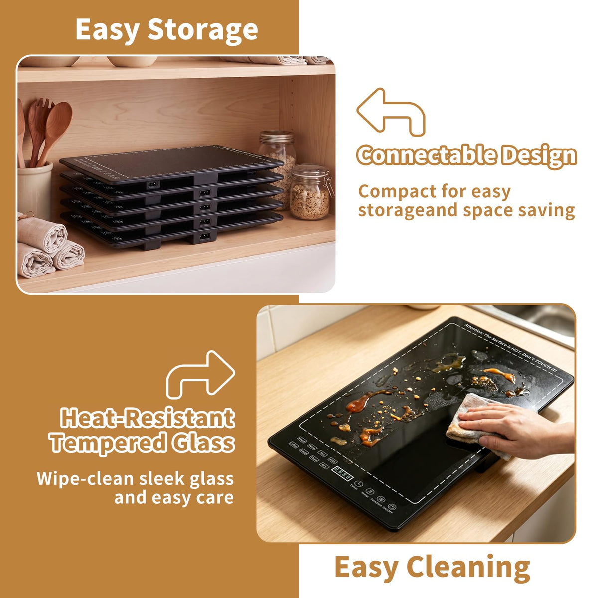 KAZRBEP Modular Warming Tray, 5 Panel Expandable, Black Tempered Glass