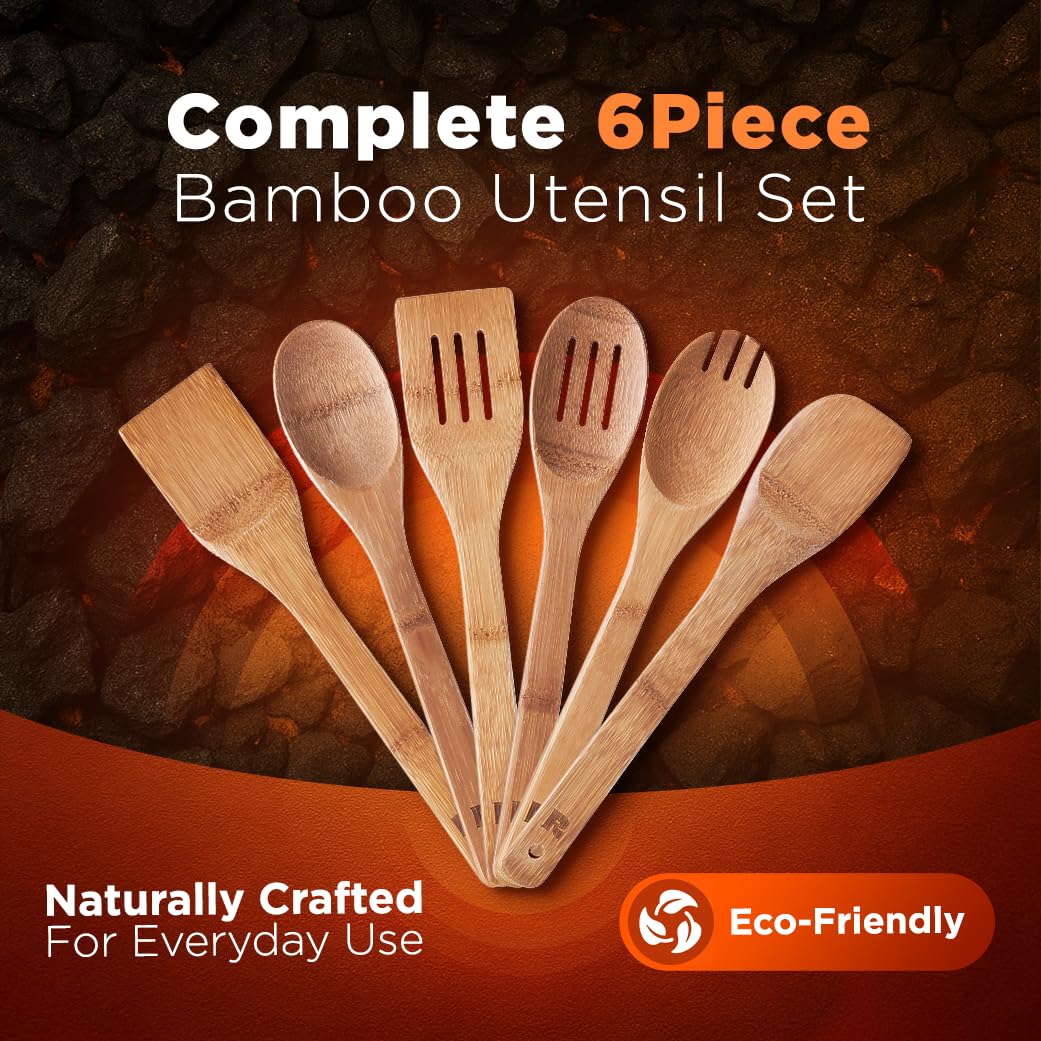 Riveira Bamboo Cooking Utensils Set, 6 Piece, Carbonized Bamboo