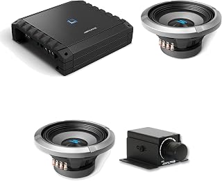 Alpine S2-A60M Amp with Two S2-W8D2 8in Subs & RUX-KNOB.2 | Hi-Res Certified Class-D mono subwoofer amplifier with 2x S2-W8D2 8 in dual 2 ohm car subwoofers.