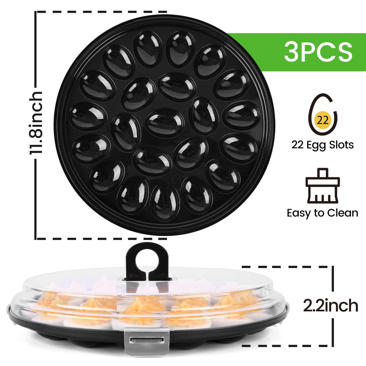 Hansgo Deviled Egg Carrier Set, 3 Pack, 11.8 Inch Diameter, Black