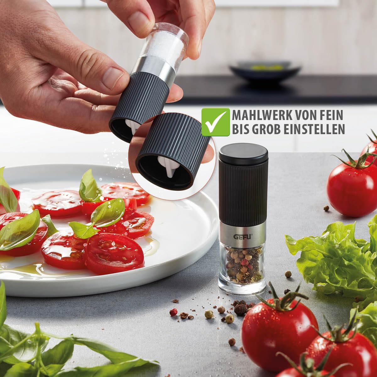 Spice Mill by GEFU – 7 x 3.6 x 9.2 cm, Plastic, Ceramic, High Grade Stainless steel, Black, Model GF34621
