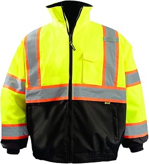 OccuNomix LUX-350-JB2-YXL High Visibility 2-in-1 Quilted Two-Tone Black Bottom X Back Bomber Jacket with Zip-Out Quilted Liner and 7 Pockets, Class 3, 100% ANSI Polyester, X-Large, Yellow