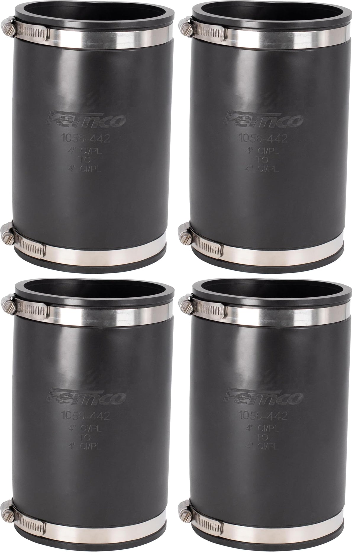 XL Flexible Pipe Coupling 4” CI/Plastic/Steel to 4” CI/Plastic/Steel (Pack of 4) by Fernco – 4" to 4" (Pack of 4), Black, Pack of 4, Model 1056-442