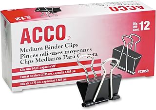 ACCO Brands Acco 72050 Medium Binder Clips, 1-1/4-Inch W, 5/8-Inch Cap, Blk/Silver, Sold as 1 Dozen
