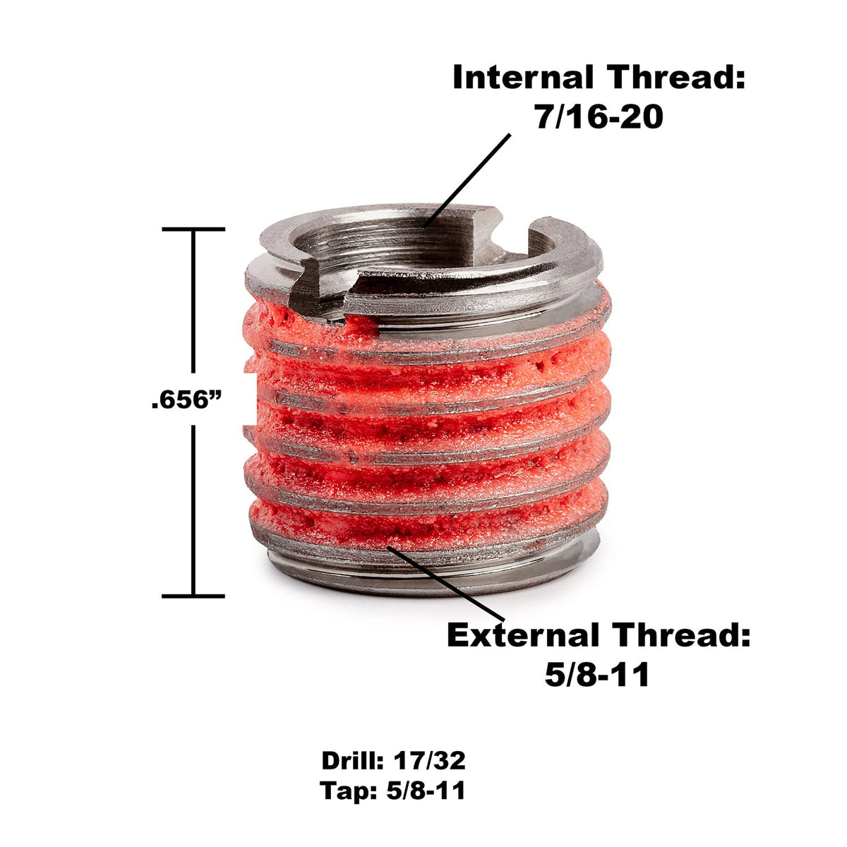 E-Z LOK 7/16"-20 IT, 5/8"-11 ET, 0.656" L / Pack of 5 / Red Thread Locking Inserts