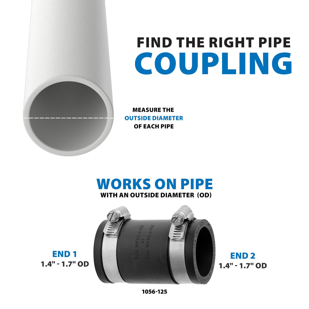 1-1/4 In. Plastic to Plastic PVC Coupling - 1 Each by Fernco – 1.25" X 1.25", Polyvinyl Chloride, Black, Model P1056-125