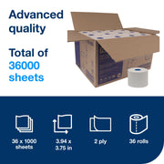 High-Capacity Toilet Paper Roll White T by Tork – 36 Rolls (1000 Sheets each), Paper, White, Pack of 36, Model 110292A