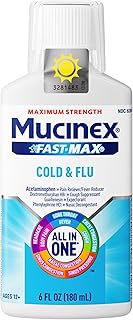 Mucinex Fast-Max Cold and Flu Medicine All-in-One Maximum Strength Liquid for Chest Congestion, Cough, Sore Throat, Nasal Decongestant, 6 fl oz (Packaging May Vary)