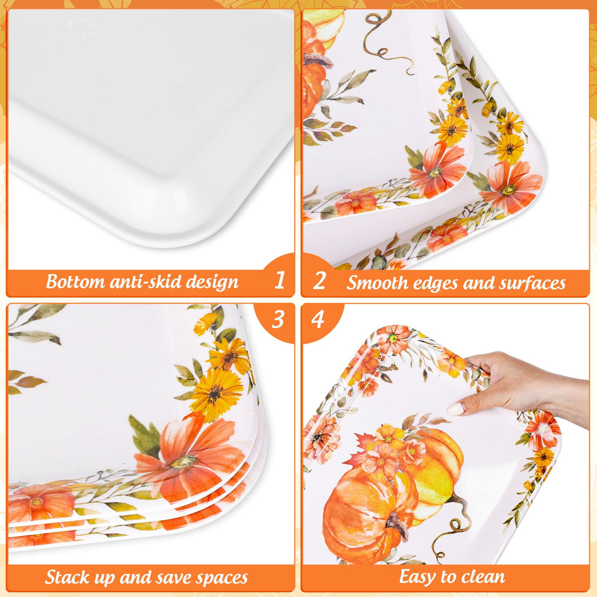 JarThenaAMCS Fall Serving Tray Set, Watercolor Pumpkin Floral, 13 x 10 in, 3 Pack