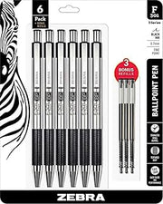 Zebra Pen F-301 Retractable Ballpoint Pen, Stainless Steel Barrel, Fine Point 0.7mm, Non-Slip Grip, Pack of 6 +3 Refills