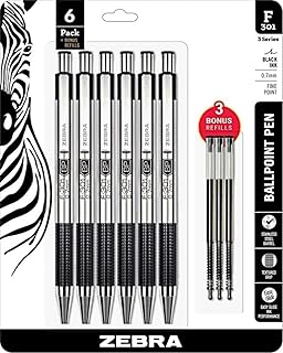 Zebra Pen F-301 Retractable Ballpoint Pen, Stainless Steel Barrel, Fine Point 0.7mm, Non-Slip Grip, Pack of 6 +3 Refills