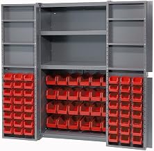 Global Industrial Deep Door Bin Cabinet, Includes 72 Red Plastic Bins | Padlockable Steel Cabinet, 38"W x 24"D x 72"H, For Tool and Parts Storage, Ships Assembled