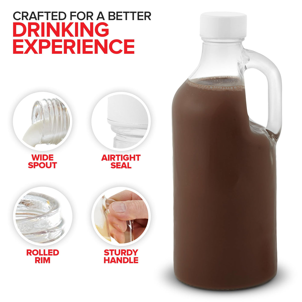 40 oz Glass Milk Bottle with Lid and Handle (2 Pack) by Stock Your Home – 2 Count, 1134.0 milliliters, Glass, Clear, Pack of 2