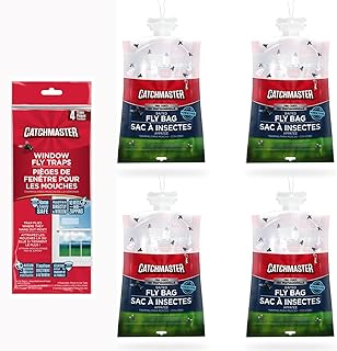 Catchmaster Fly Trap Bundle, Window Fly Traps 12-Pack & Fly Bag 4-Pack, Fruit Fly Traps for Indoors & Outdoors, for Garage, Backyard, Pool, Patio & Camping