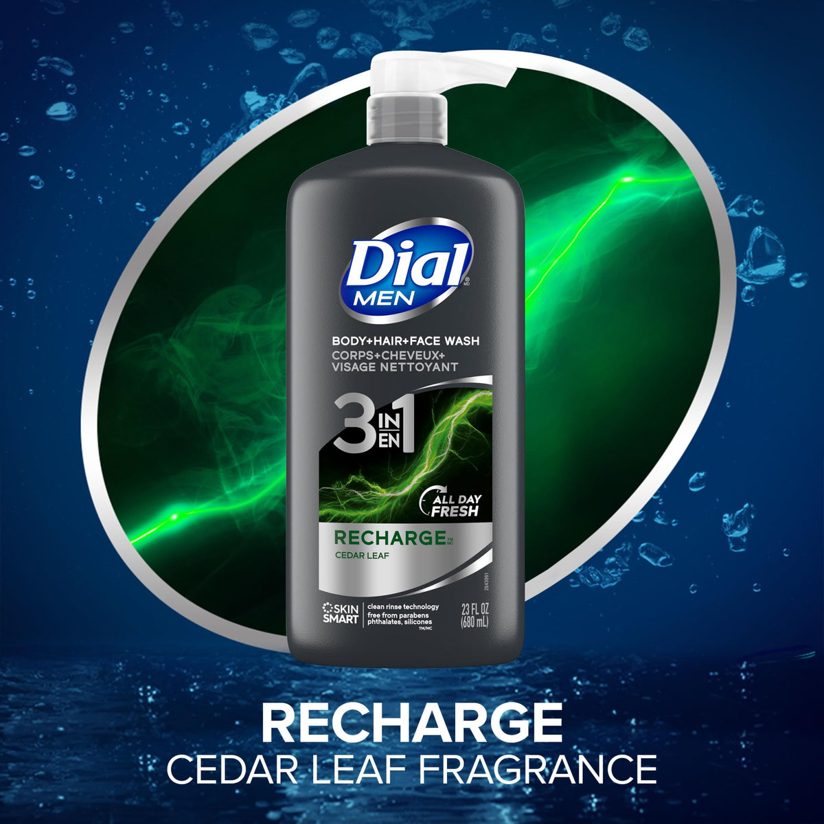 Dial 23 Fl Oz (Pack of 6) / Recharge / Verde 3-in-1 Shampoo, Conditioner & Body Wash
