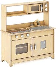 Guidecraft EdQ All-in-One Kids' Kitchen Playset - Natural: Wooden Dramatic Play Kitchen for Toddlers w/Stove, Microwave, Oven, Sink, Interactive Faucet, Storage Shelves for Home, Playroom, Classroom