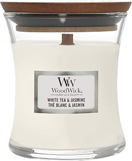 Woodwick Candela Clessidra Piccola White Tea & Jasmine Tè bianco e gelsomino con stoppino in legno 85 grammi