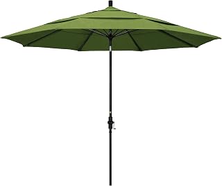 California Umbrella 11' Round Crank Lift, Collar Tilt, Aluminum Pole, Fiberglass Rib Patio Umbrella, Black Finish, Sunbrella Cilantro