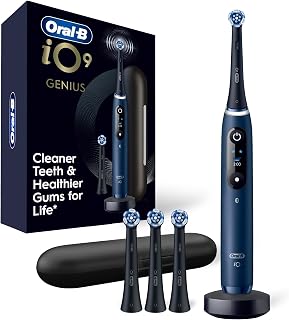 Oral-B Rechargeable Electric Toothbrush, iO9 Genius, 7 Cleaning Modes, Interactive Display, Charging Travel Case, Visible Pressure Sensor, 4 Brush Heads, Sapphire Blue