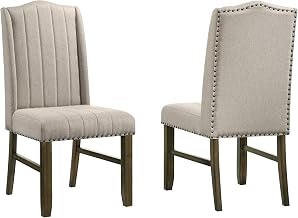 Beige Fabric Dining Chairs with Brown Wood